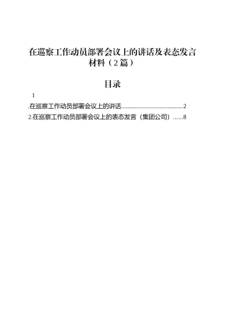在巡察工作动员部署会议上的讲话及表态发言材料（2篇）.docx