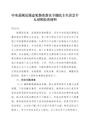 中央巡视反馈意见整改落实专题民主生活会个人对照检查材料.docx