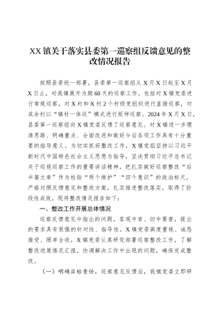 XX镇关于落实县委第一巡察组反馈意见的整改情况报告.docx