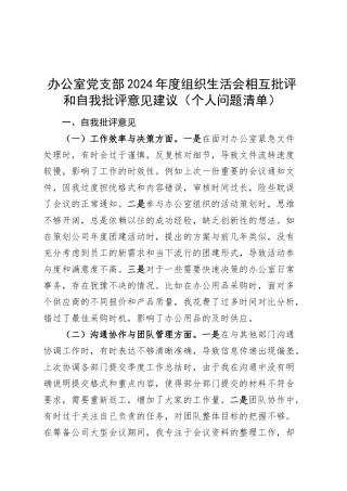 办公室党支部2024年度组织生活会相互批评和自我批评意见建议（个人问题清单）20250305.docx
