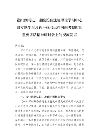 党组副书记、副院长在法院理论学习中心组专题学习习近平总书记在河南考察时的重要讲话精神研讨会上的交流发言.docx