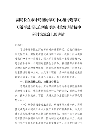 副局长在审计局理论学习中心组专题学习习近平总书记在河南考察时重要讲话精神研讨交流会上的讲话.docx