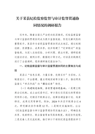 关于某县纪检监察监督与审计监督贯通协同情况的调研报告.docx