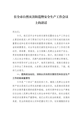 在全市自然灾害防范暨安全生产工作会议上的讲话.docx