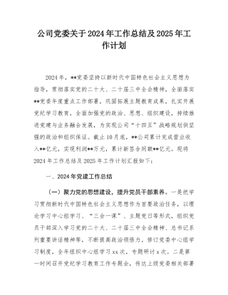 公司党委关于2024年工作总结及2025年工作计划.docx