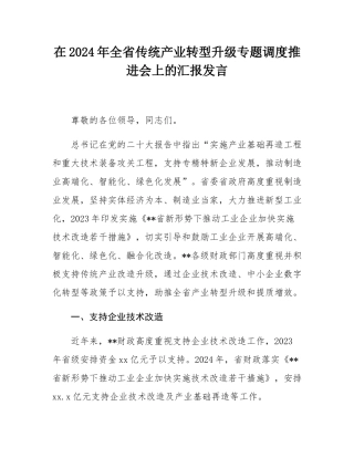 在2024年全省传统产业转型升级专题调度推进会上的汇报发言.docx