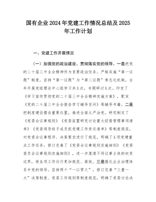 国有企业2024年党建工作情况总结及2025年工作计划.docx