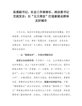 县委副书记、社会工作部部长、政法委书记交流发言：以“五大理念”打造新就业群体友好城市.docx