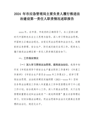 2024 年市应急管理局主要负责人履行推进法治建设第一责任人职责情况述职报告.docx