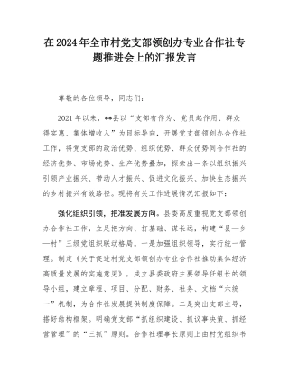 在2024年全市村党支部领创办专业合作社专题推进会上的汇报发言.docx