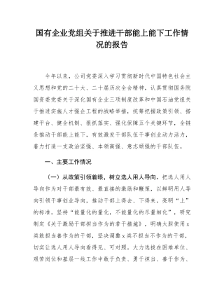 国有企业党组关于推进干部能上能下工作情况的报告.docx