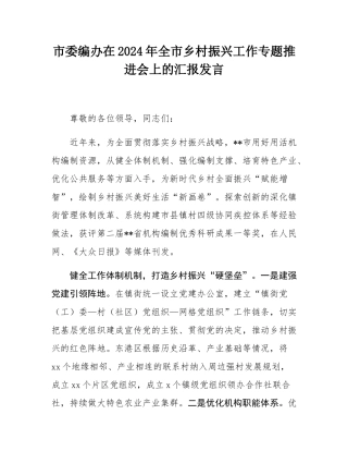 市委编办在2024年全市乡村振兴工作专题推进会上的汇报发言.docx