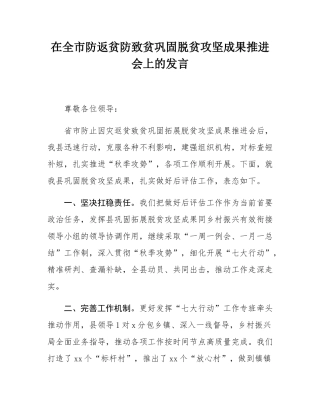 在全市防返贫防致贫巩固脱贫攻坚成果推进会上的发言.docx