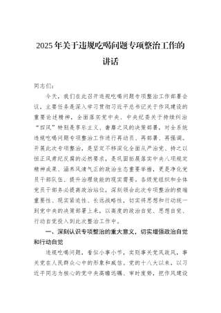 2025年关于违规吃喝问题专项整治工作的讲话.docx