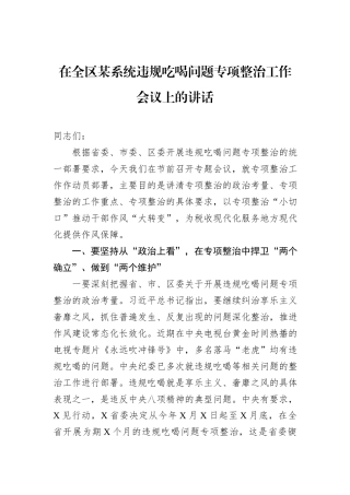 在全区某系统违规吃喝问题专项整治工作会议上的讲话.docx