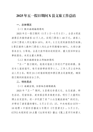 2025年五一假日期间X县文旅工作总结.docx