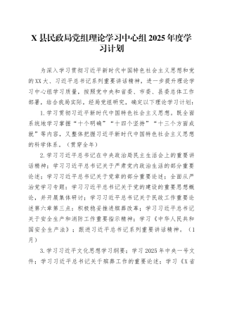 X县民政局党组理论学习中心组2025年度学习计划.docx