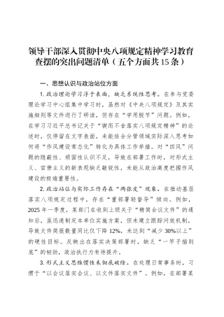 领导干部深入贯彻中央八项规定精神学习教育查摆的突出问题清单（五个方面共15条）20250428.docx