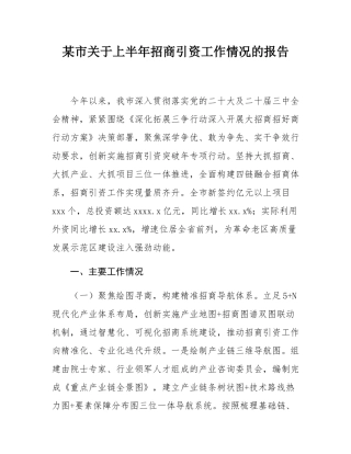 某市关于上半年招商引资工作情况的报告.docx
