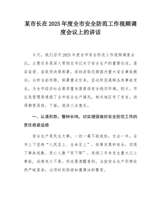 某市长在2025年度全市安全防范工作视频调度会议上的讲话.docx