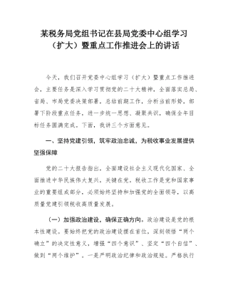 某税务局党组书记在县局党委中心组学习（扩大）暨重点工作推进会上的讲话.docx