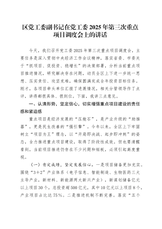 区党工委副书记在党工委2025年第三次重点项目调度会上的讲话.docx