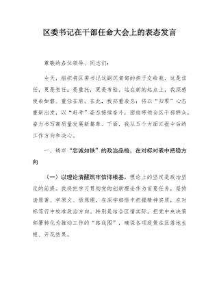 区委书记在干部任命大会上的表态发言.docx