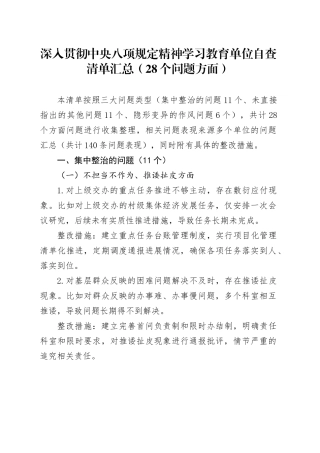 深入贯彻中央八项规定精神学习教育单位自查清单汇总（28个问题方面）20250430.docx
