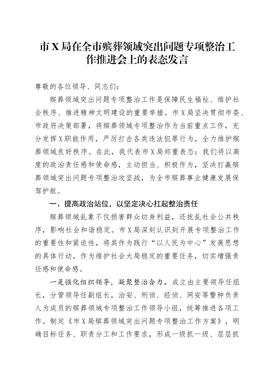 市X局在全市殡葬领域突出问题专项整治工作推进会上的表态发言.docx_第1页