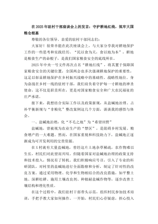 2025年驻村干部座谈会上的发言守护耕地红线筑牢大国粮仓根基.docx