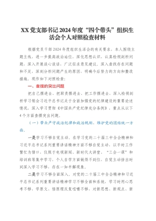 XX党支部书记2024年度“四个带头”组织生活会个人对照检查材料.docx
