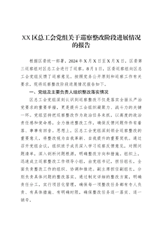 XX区总工会党组关于巡察整改阶段进展情况的报告.docx