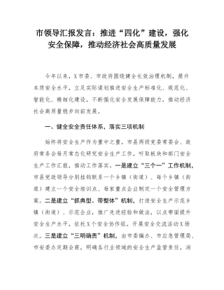 市领导汇报发言：推进“四化”建设，强化安全保障，推动经济社会高质量发展.docx