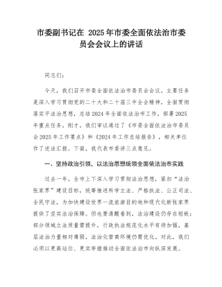 市委副书记在 2025年市委全面依法治市委员会会议上的讲话.docx