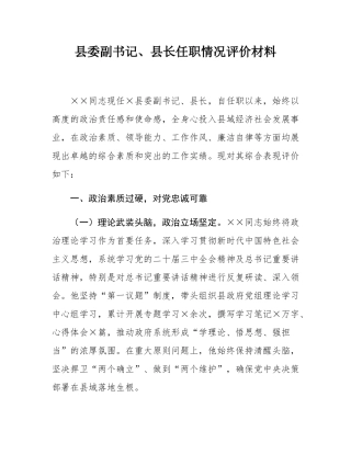 县委副书记、县长任职情况评价材料.docx