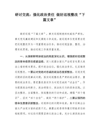 研讨交流：强化政治责任 做好巡视整改“下篇文章”.docx