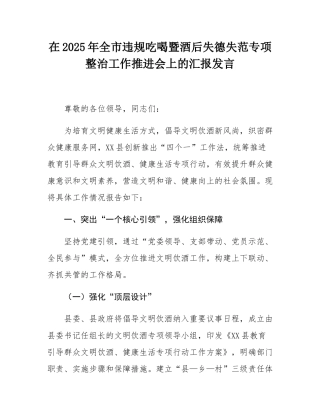 在2025年全市违规吃喝暨酒后失德失范专项整治工作推进会上的汇报发言.docx