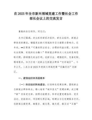 在2025年全市新兴领域党建工作暨社会工作部长会议上的交流发言.docx