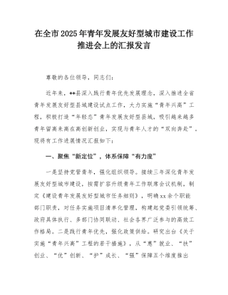 在全市2025年青年发展友好型城市建设工作推进会上的汇报发言.docx