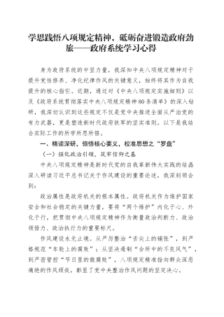 政府系统学习心得：学思践悟八项规定精神，砥砺奋进锻造政府劲旅.docx