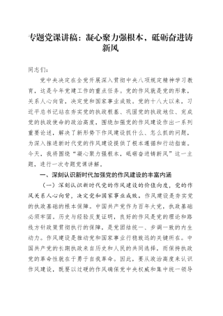 专题党课讲稿：凝心聚力强根本，砥砺奋进铸新风.docx