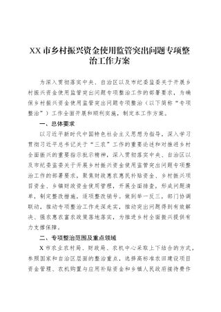 XX市乡村振兴资金使用监管突出问题专项整治工作方案.docx