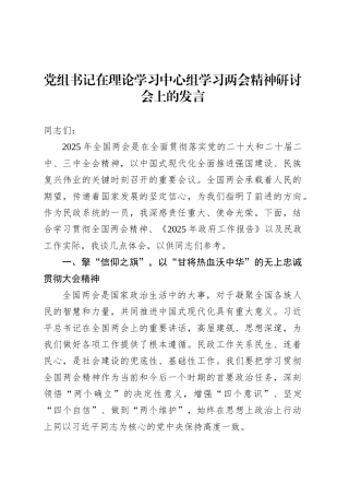党组书记在理论学习中心组学习两会精神研讨会上的发言.docx