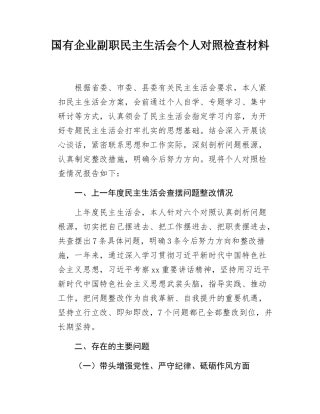 国有企业副职民主SH会个人对照检查材料.docx