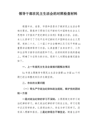 领导干部在民主SH会的对照检查材料.docx