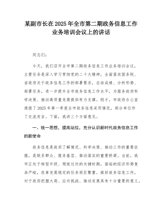 某副市长在2025年全市第二期政务信息工作业务培训会议上的讲话.docx