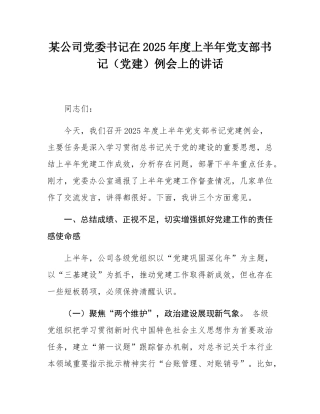 某公司党委书记在2025年度上半年党支部书记（党建）例会上的讲话.docx