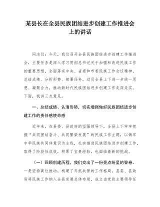 某县长在全县民族团结进步创建工作推进会上的讲话.docx