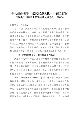 强化组织引领，选优配强队伍——在全省村“两委”换届工作经验交流会上的发言.docx