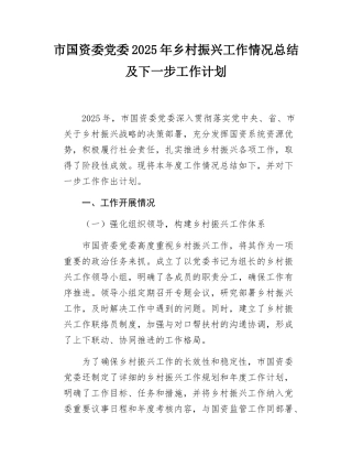 市国资委党委2025年乡村振兴工作情况总结及下一步工作计划.docx